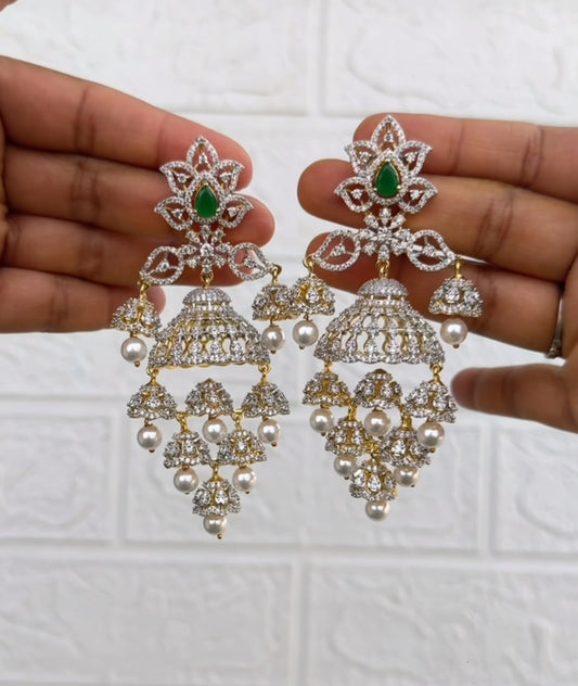 Designer diamond finish green six jhumkas