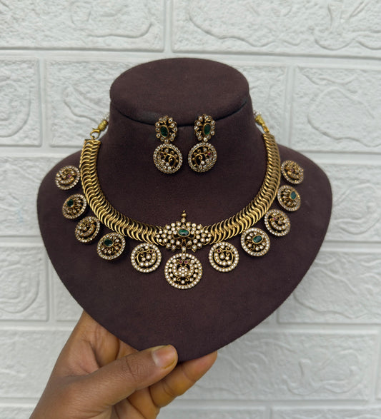 Jalebi style bottu mala peacock necklace with earrings( 15/20 DAYS MAKING TIME)