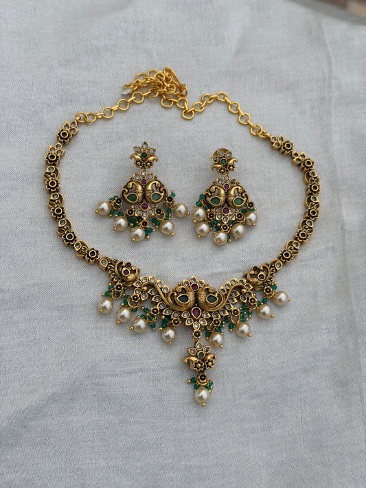 Four peacock mango flower gold necklace with chandbalis