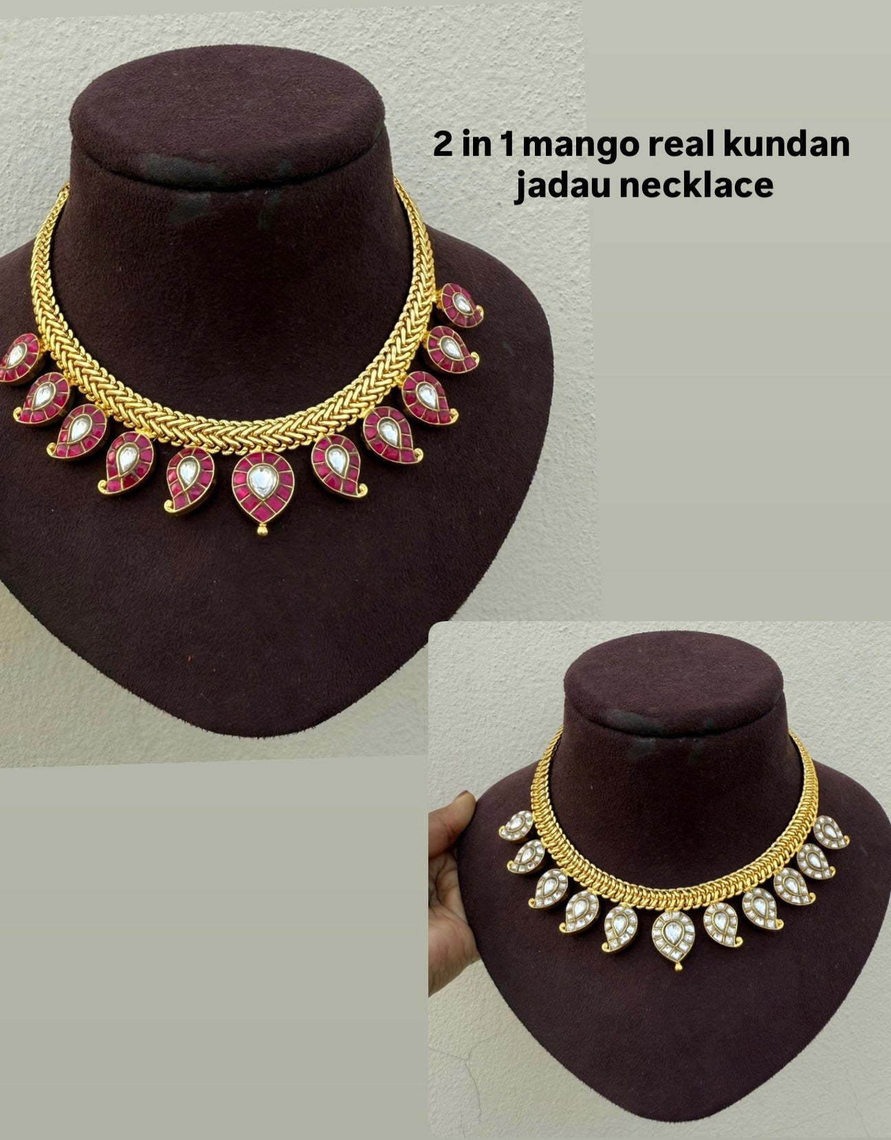 2 in 1 real kundan mango necklace (ruby white)