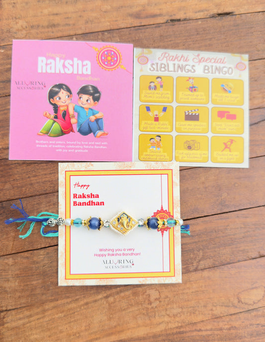Blue square pearl Ganesh Rakhi