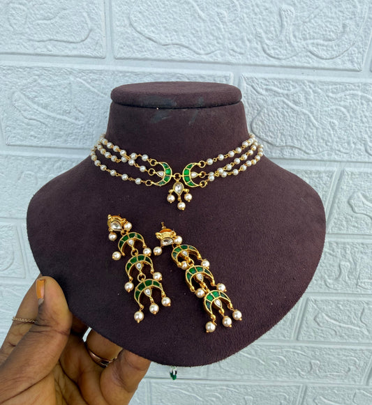 Three pearl moon real kundan choker with hanging earrings
