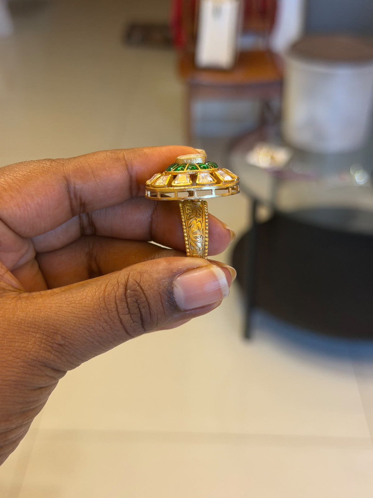 Moissanite square green real kundan adjustable designer finger ring