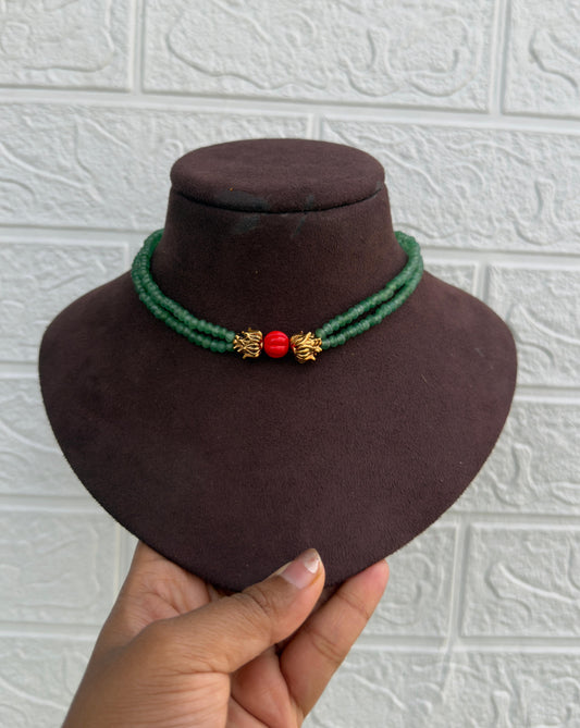 Two layered green beads choker with gold lotus coral bead