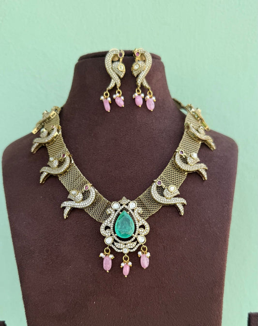 Nano mesh peacock embossed doublet stone necklace with earrings
