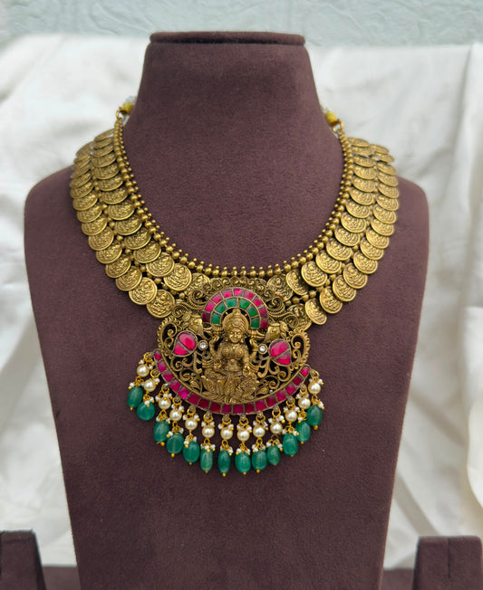 Two layered lakshmi kasu real kundan lakshmi locket heavy necklace