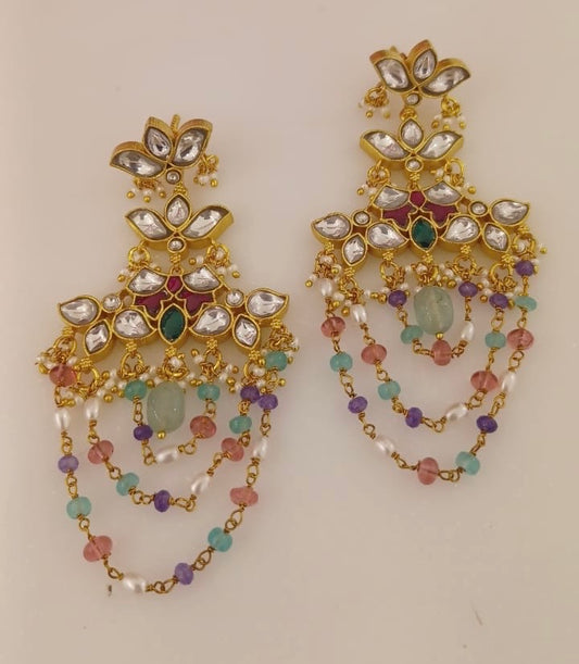 Two layered lotus real kundan three layered pearl hanging earrings