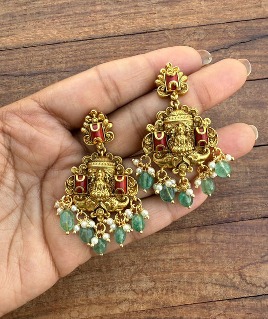 Coral lakshmi devi chandbalis with dual elephants
