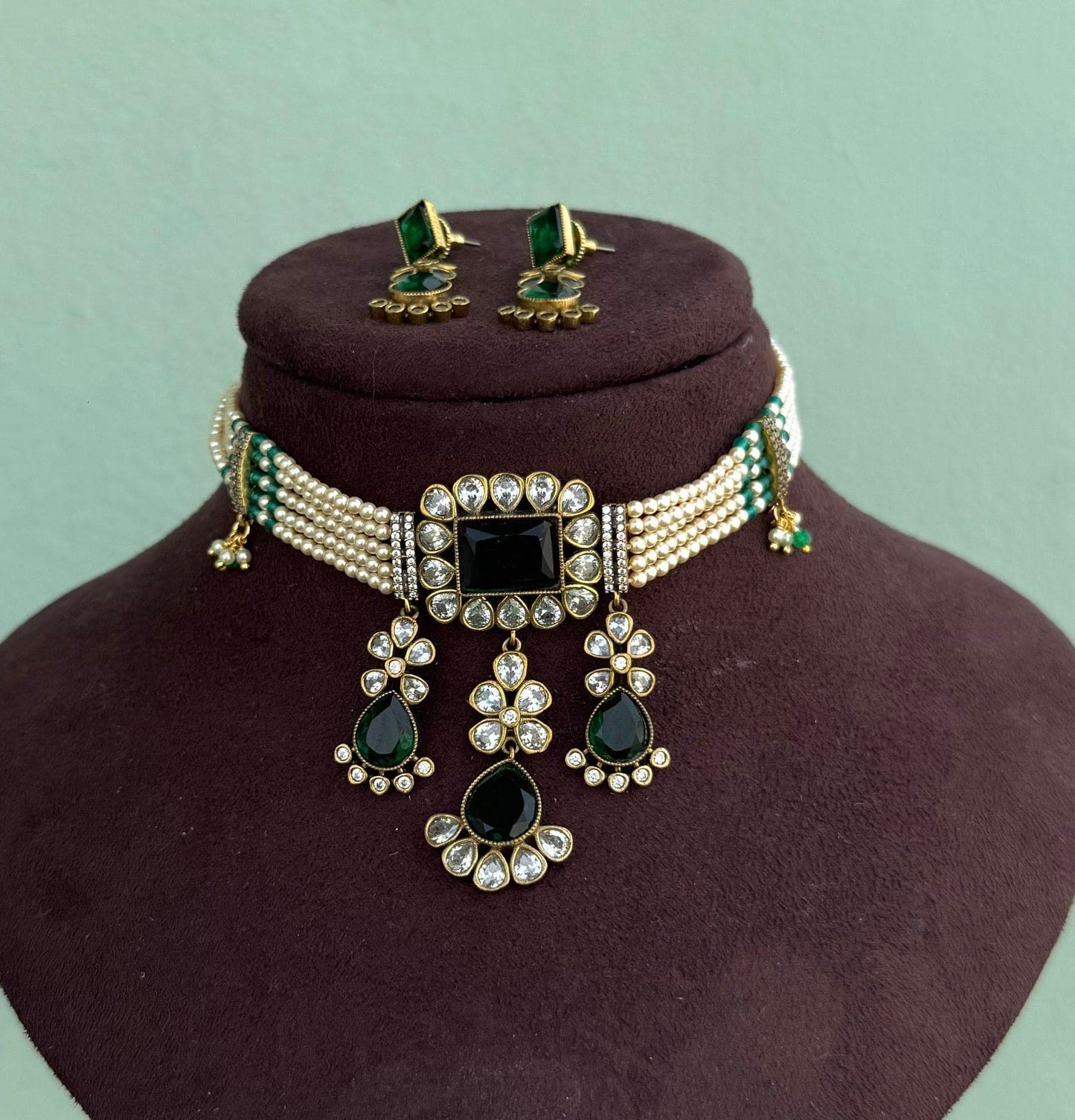 Three pearl drop kundan beaded emerald choker with hangings