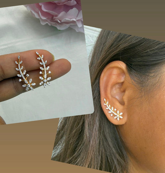 Flower leaf diamond finish earcuff earrings
