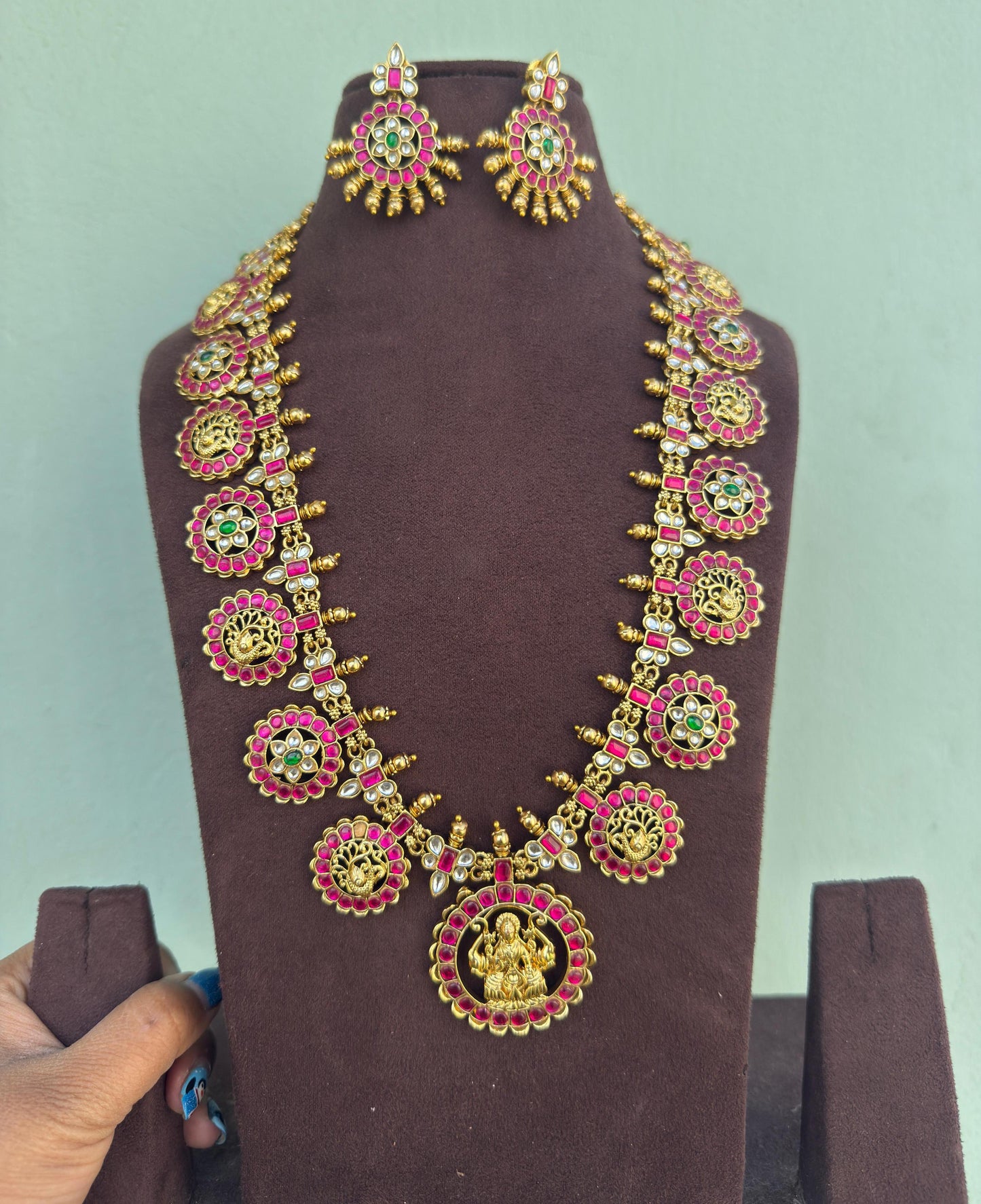 Real kundan jadau long lakshmi peacock bottu mala necklace with earrings