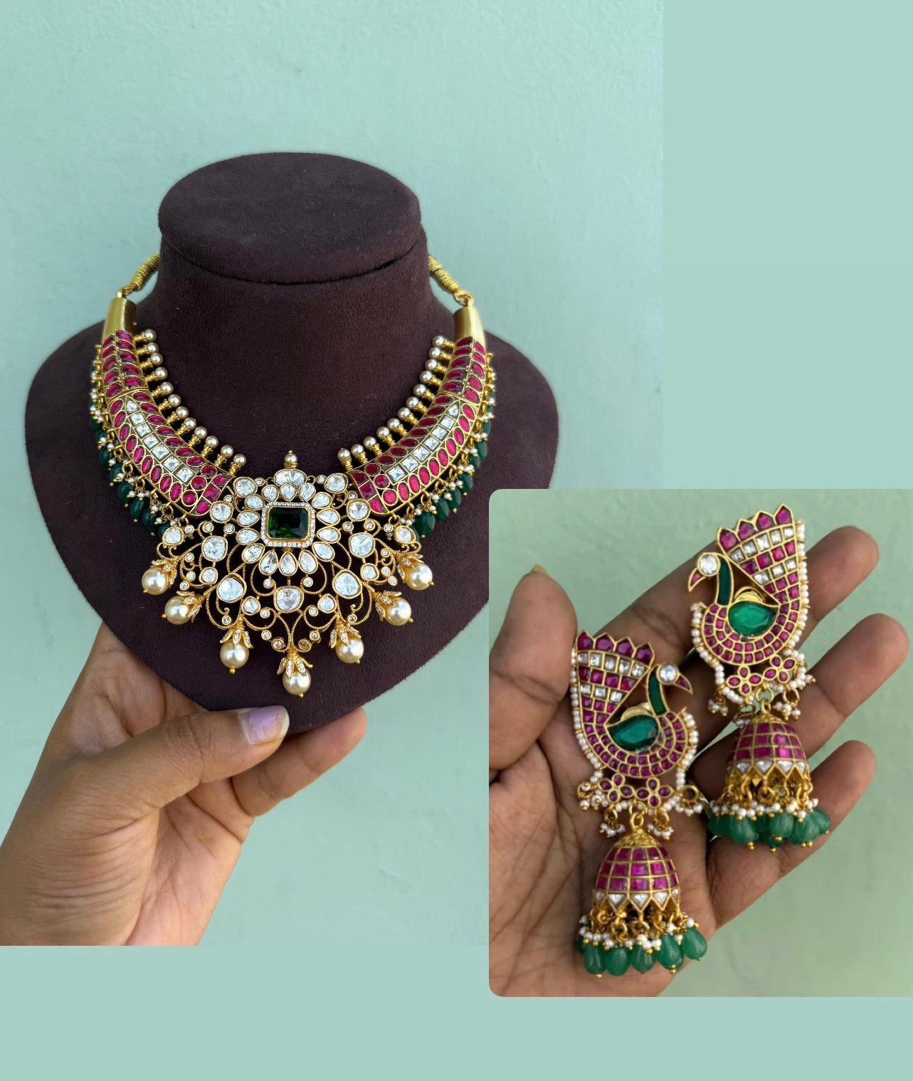 Suma wearing real kundan moissanite necklace with heavy peacock jhumkas 5