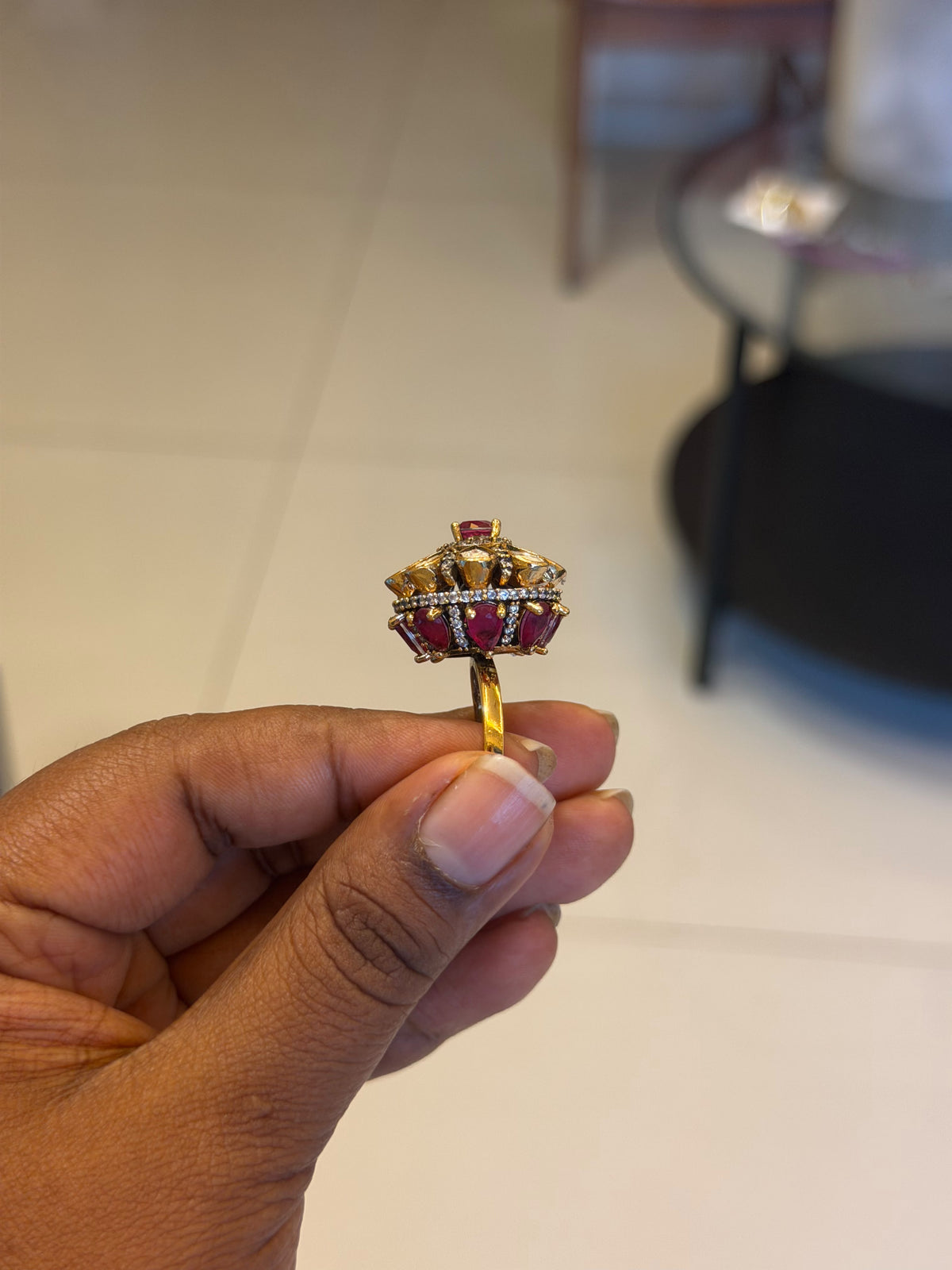 Moissanite flower ruby adjustable designer finger ring
