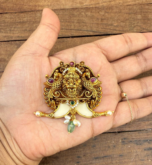 Antique finish lion with peacocks puligoru locket