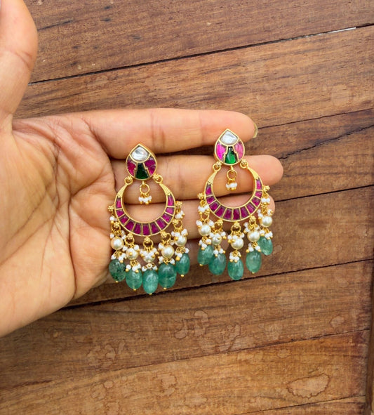 Two layered pearl multi coloured real kundan Chandbali earrings design5