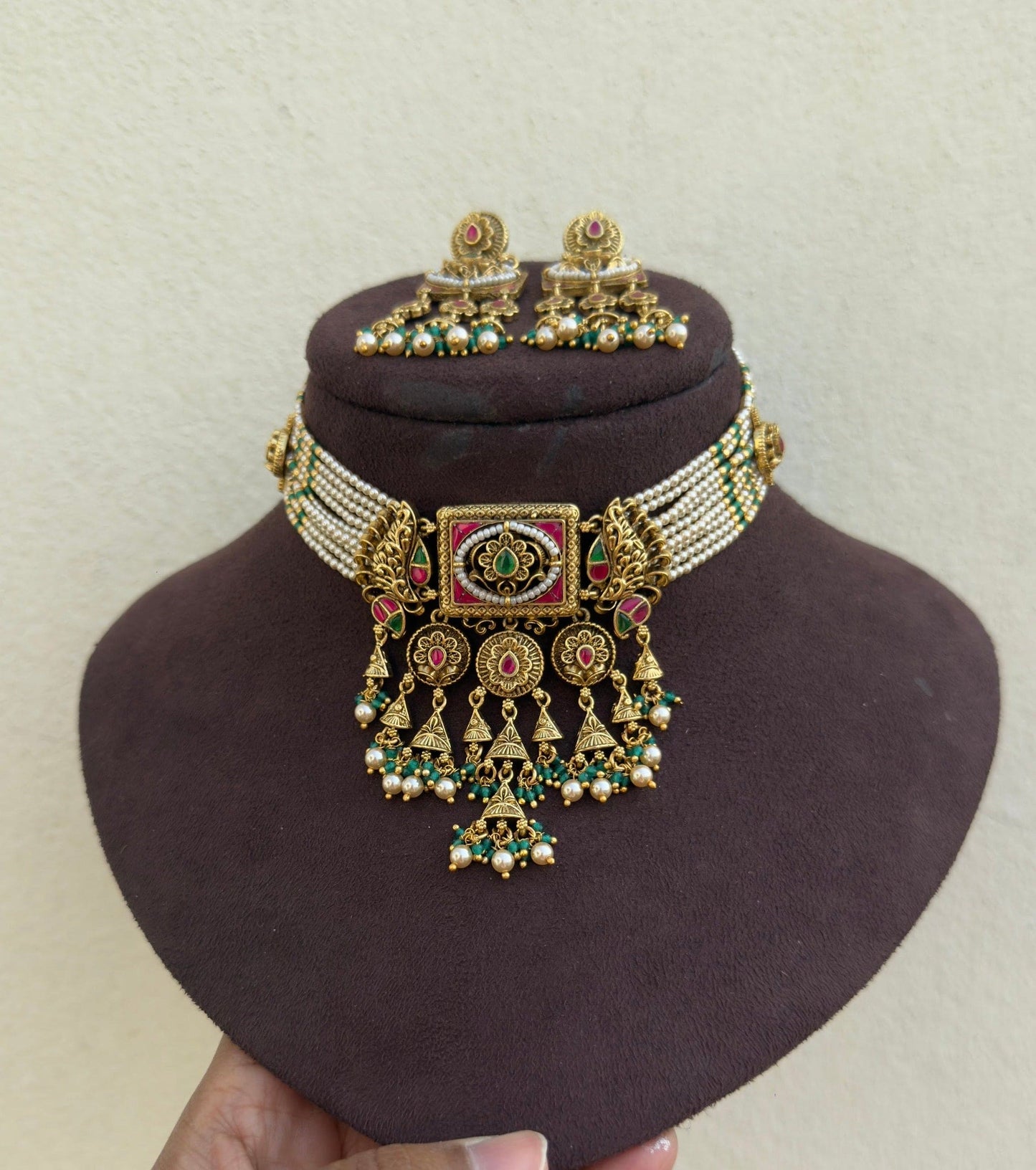 Nine line heavy pearl real kundan antique choker with beautiful hanging earrings