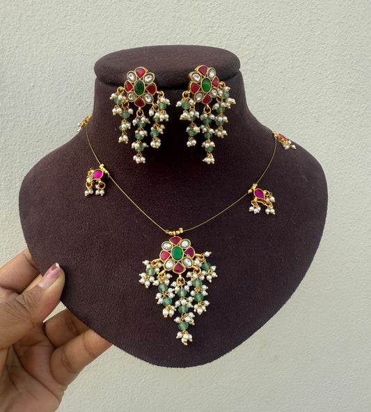 Flower pearl hanging invisible necklace with earrings