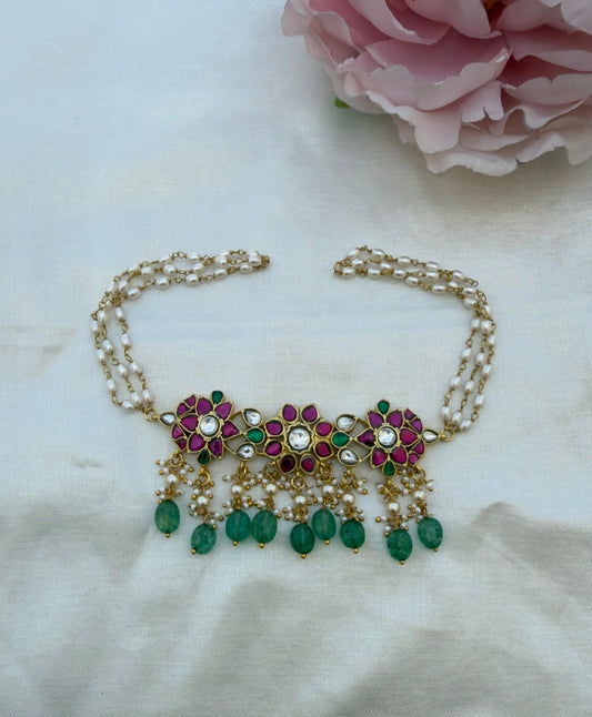 Three flower real kundan rice pearl affordable choker