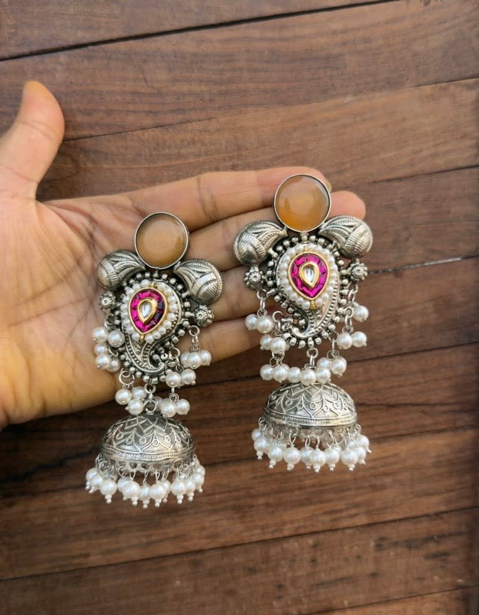 Silver look alike real kundan jhumkas