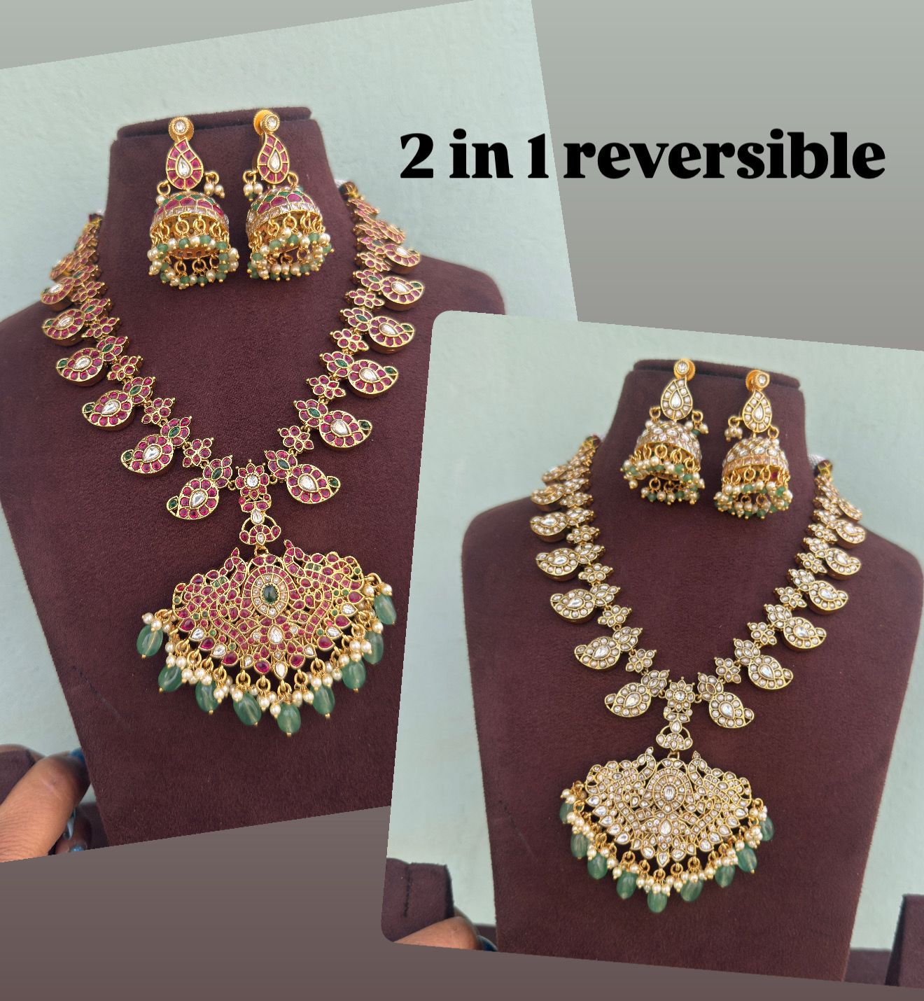 2 in 1 reversible real kemp mango necklacr with jhumkas
