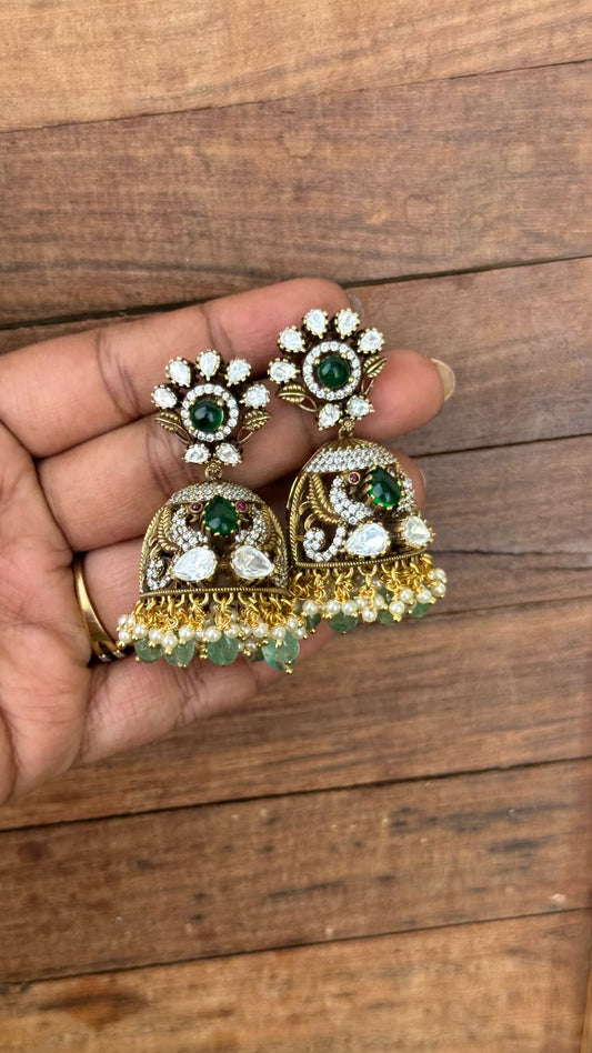 Moissanite peacock engraved jhumkas design5