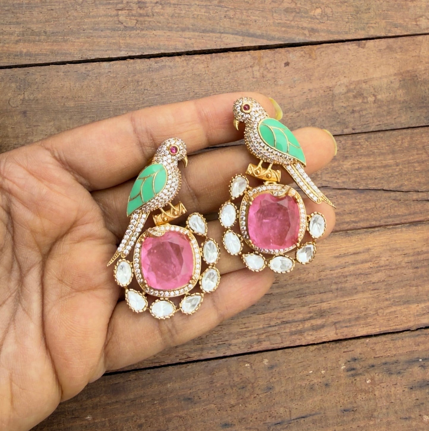 Parrot moissanite polki kundan doublet stone designer earrings