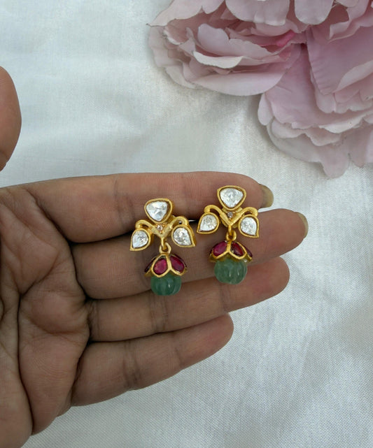Three stone moissanite real kundan single pumpkin bead cute jhumkas