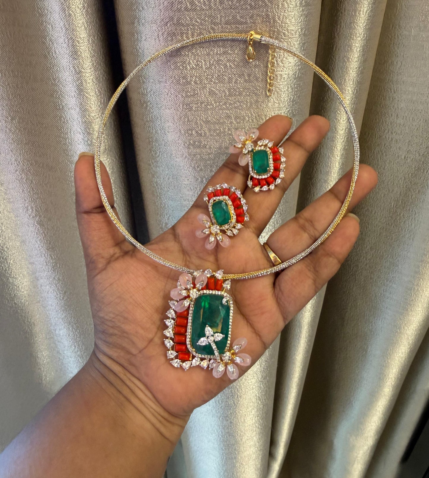 royal green coral pink leaf diamond finish designer locket combo