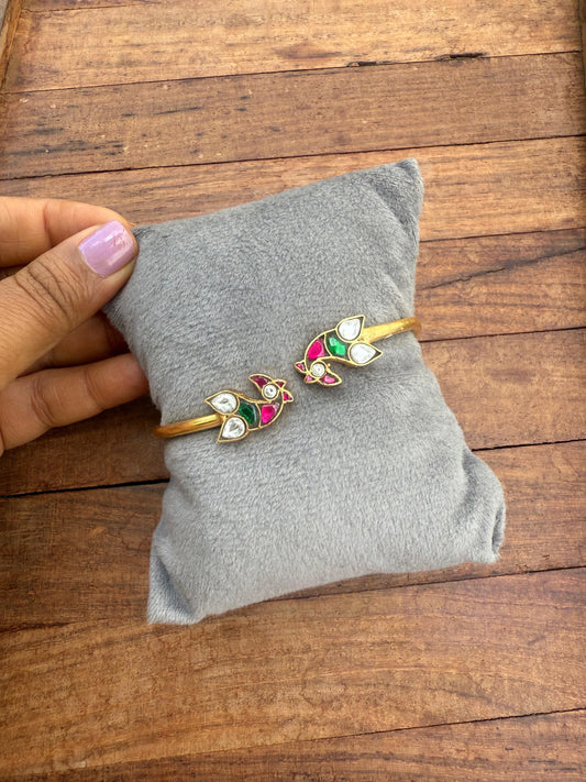 Dual peacock real kundan adjustable bracelet