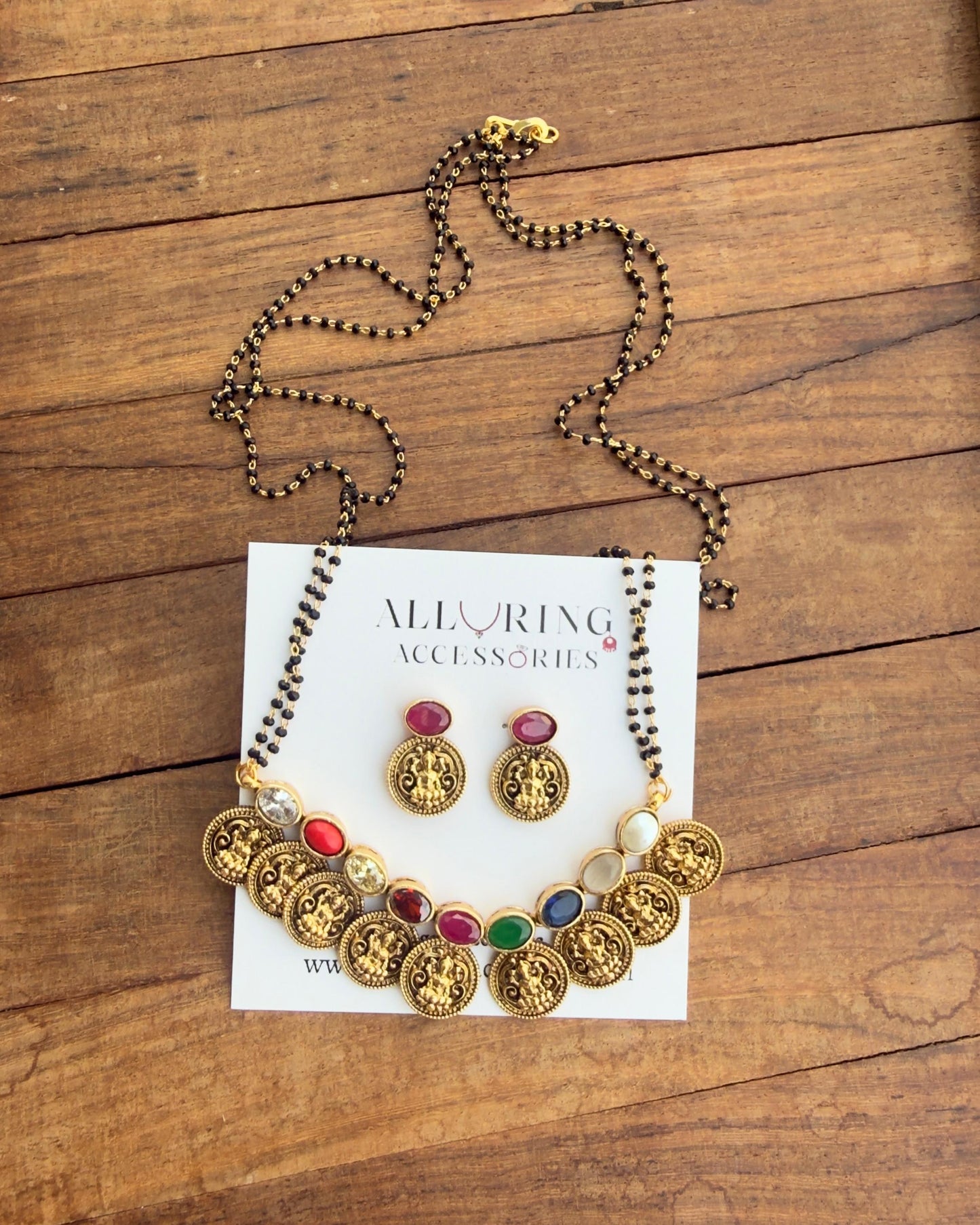 Navaratan lakshmi kasu black beads necklace with earrings