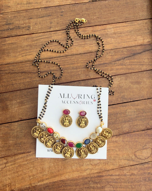 Navaratan lakshmi kasu black beads necklace with earrings