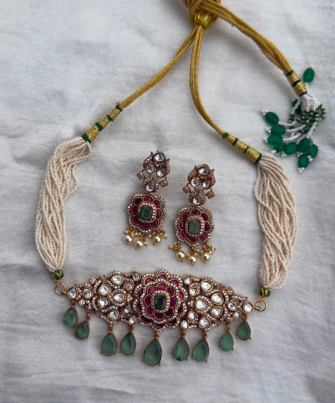 Pearl moissanite victorian real kundan designer choker with earrings