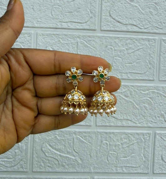 Uncut diamond flower gold look alike jhumkas Design2