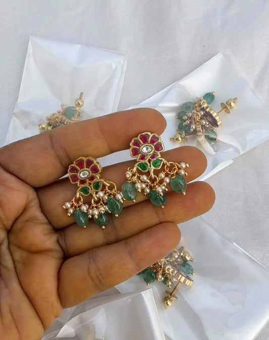 Tulip real kundan three pearl hanging earrings