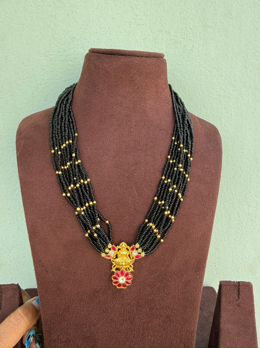 Real kundan lotus lakshmi devi heavy black beads necklace