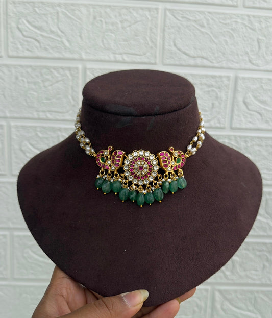 Rice pearl real kundan dual peacock choker