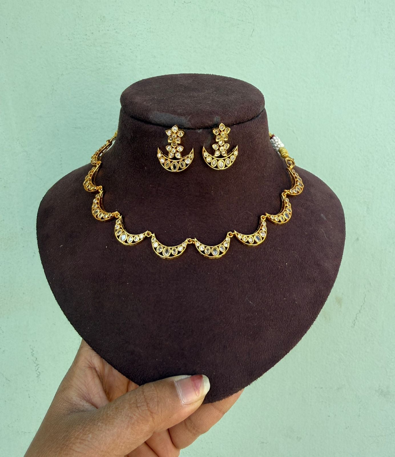 Uncut diamond half moon necklace with earrings