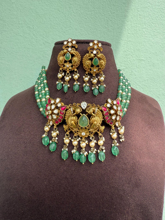 Peacock mossanite antique monalisa beads choker with earrings