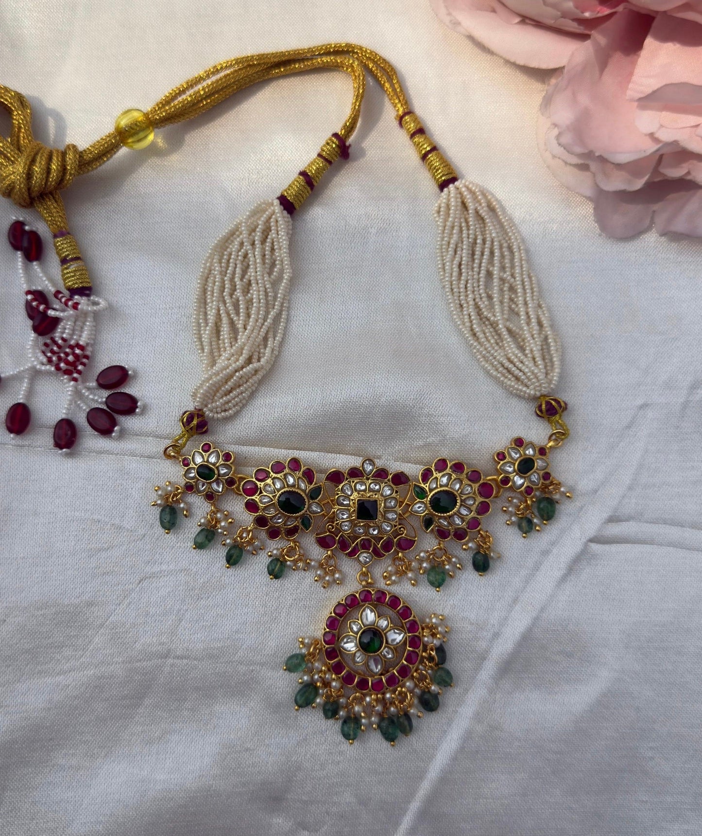 Royal five locket real kundan chandbali flower drop choker style necklace
