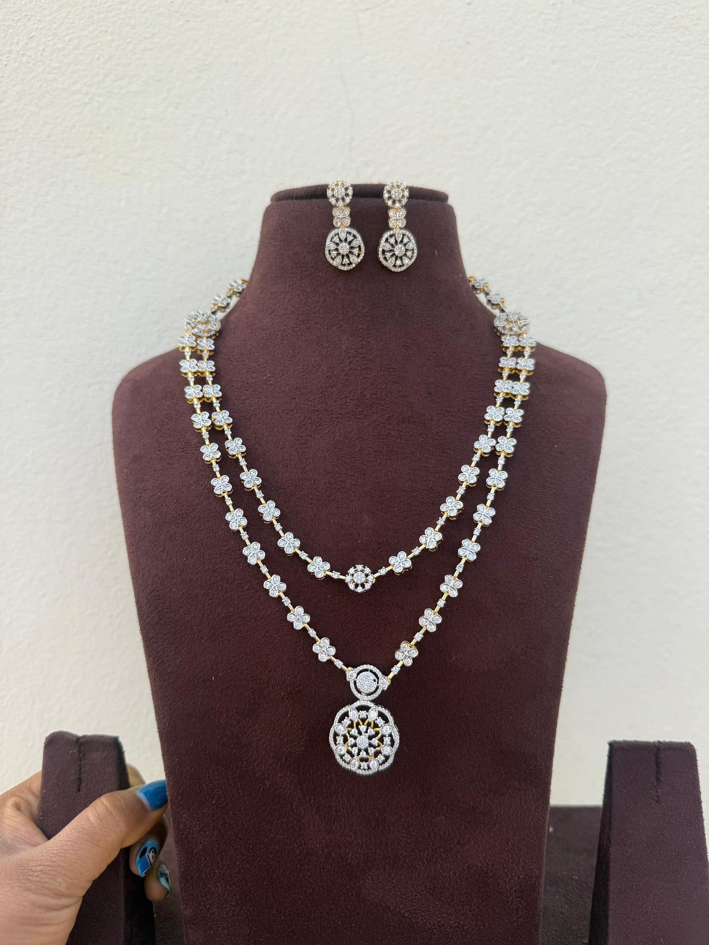 Two layered diamond drop four stone necklace with earrings