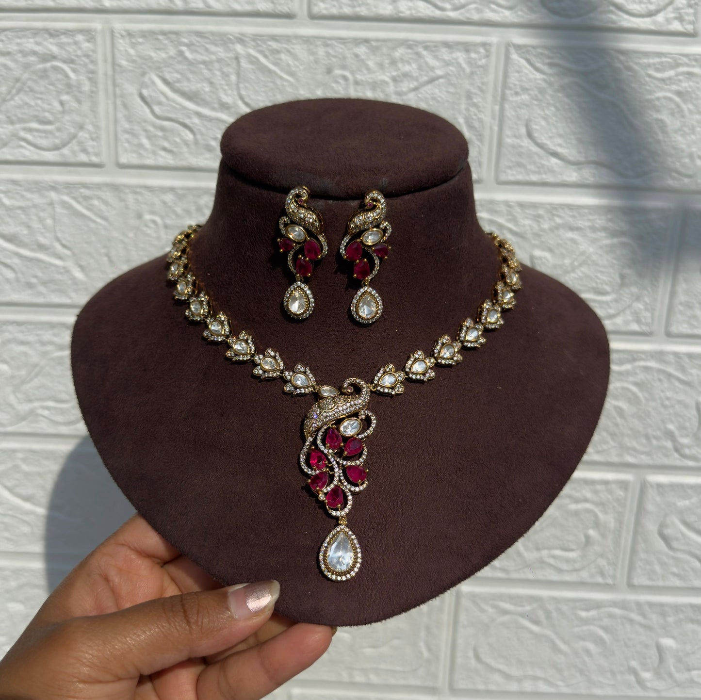 Peacock moissanite designer victorian necklace with earrings