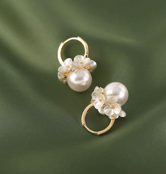 Ceramic flower embossed pearl drop earrings