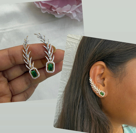 Peacock green leaf diamond earcuff earrings