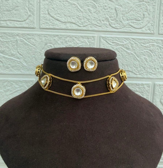 Dual chain polki kundan indo western choker with studs