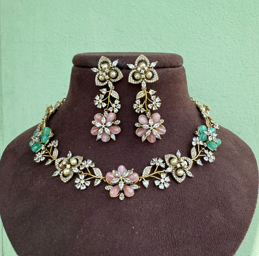Pink green pastel victorian diamond finish necklace