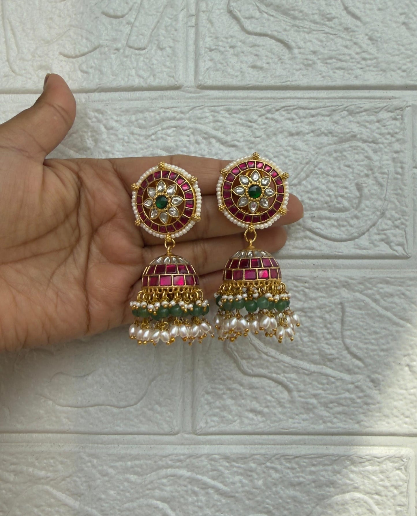 Round flower real kundan pearl two layered jhumkas