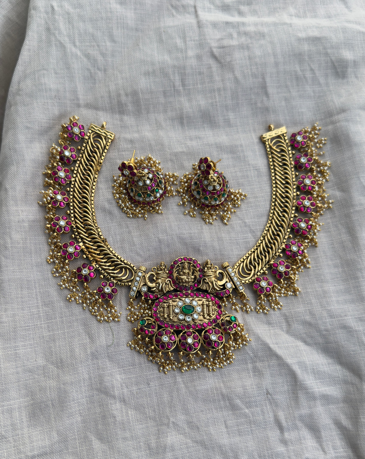 4 in 1 real kundan jalebi lakshmi heavy necklace with jhumkas