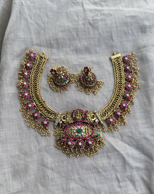 4 in 1 real kundan jalebi lakshmi heavy necklace with jhumkas