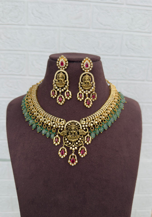 Dual elephant lakshmi devi ruby drop necklace with earrings design6
