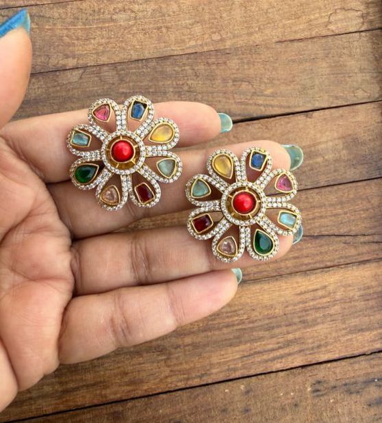 Multi coloured double flower mossanite studs